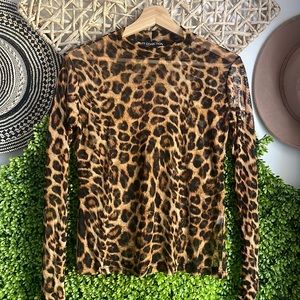 Animal Print Mesh Mock Neck Long Sleeve Top